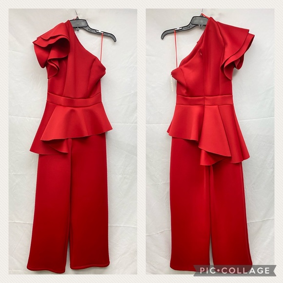 Red and black 🖤❤️color ruffle one shoulder flounce jumpsuit jumper - Picture 2 of 6